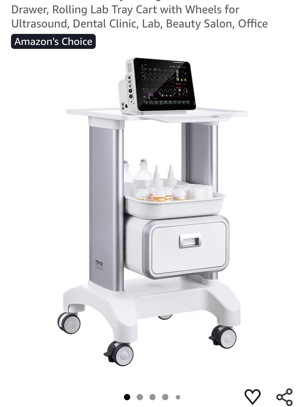 White Medical Rolling Lab Tray Cart with Drawer - Ideal for Ultrasound & Clinic